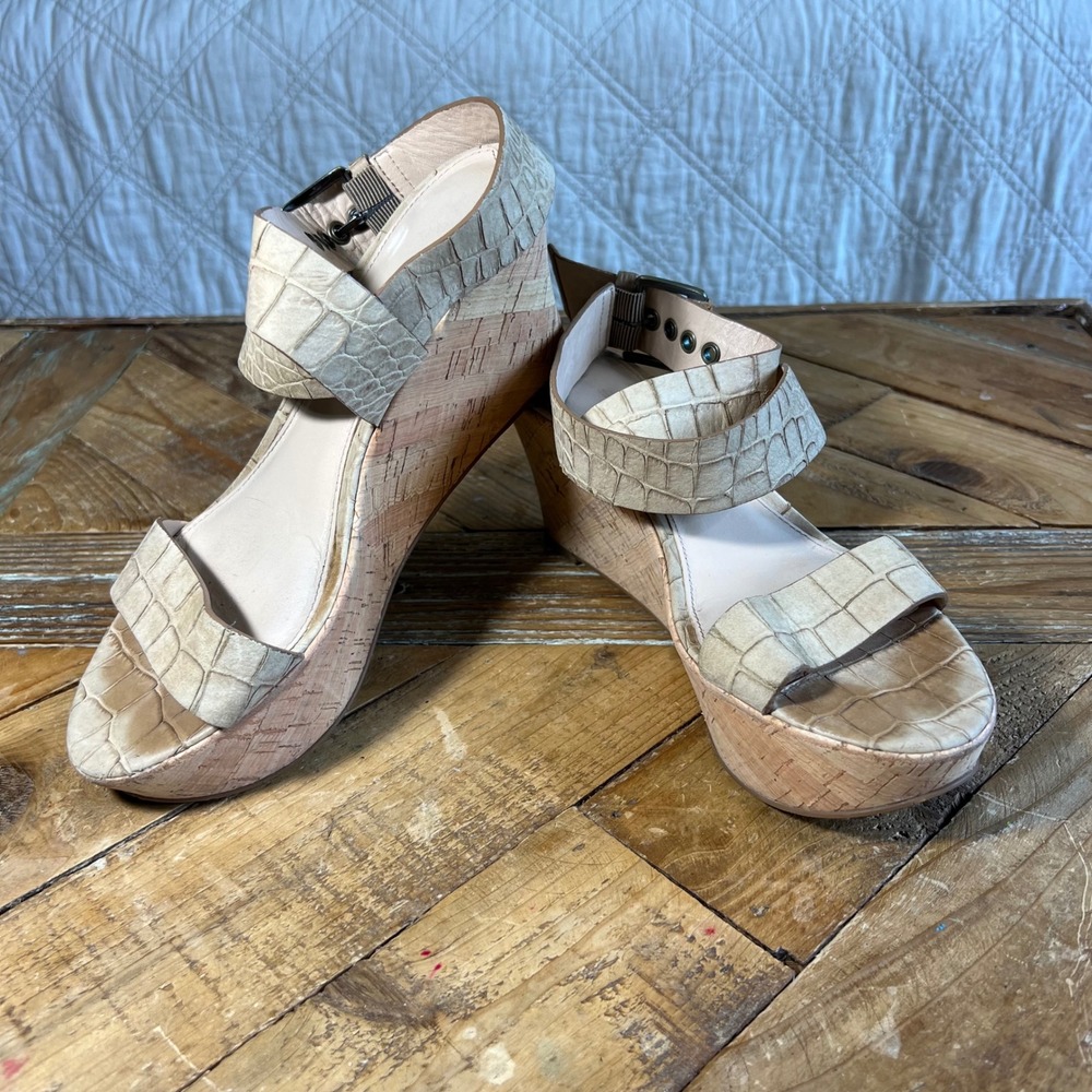 Via Spiga Women's‎ Beige Leather Ankle Strap Cork Wedge Platform Sandals 7.5
